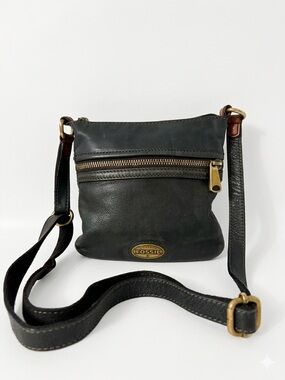 VINTAGE Fossil Explorer Mini Leather Crossbody Bag - Black & Brass Grunge Sleek